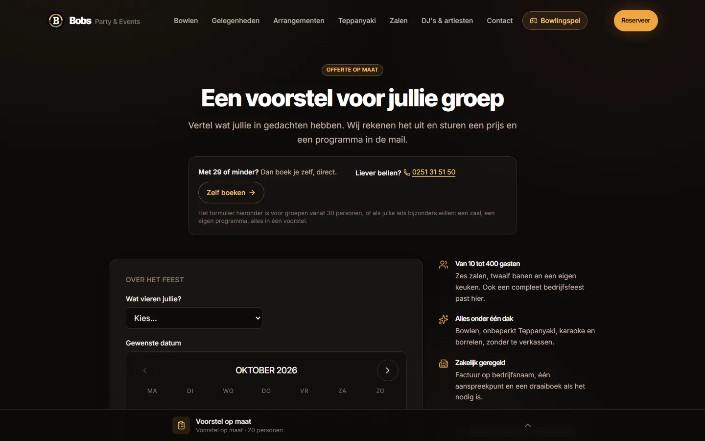 De aanvraagpagina van Bobs voor een voorstel op maat, met een keuzelijst voor wat jullie vieren en een kalender om de datum te kiezen.