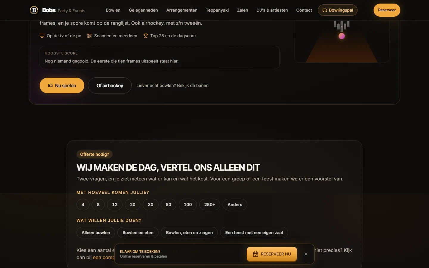 De rekenhulp op de site van Bobs met twee vragen: met hoeveel komen jullie, met knoppen van 4 tot 250 gasten, en wat willen jullie doen, van alleen bowlen tot een feest met een eigen zaal.