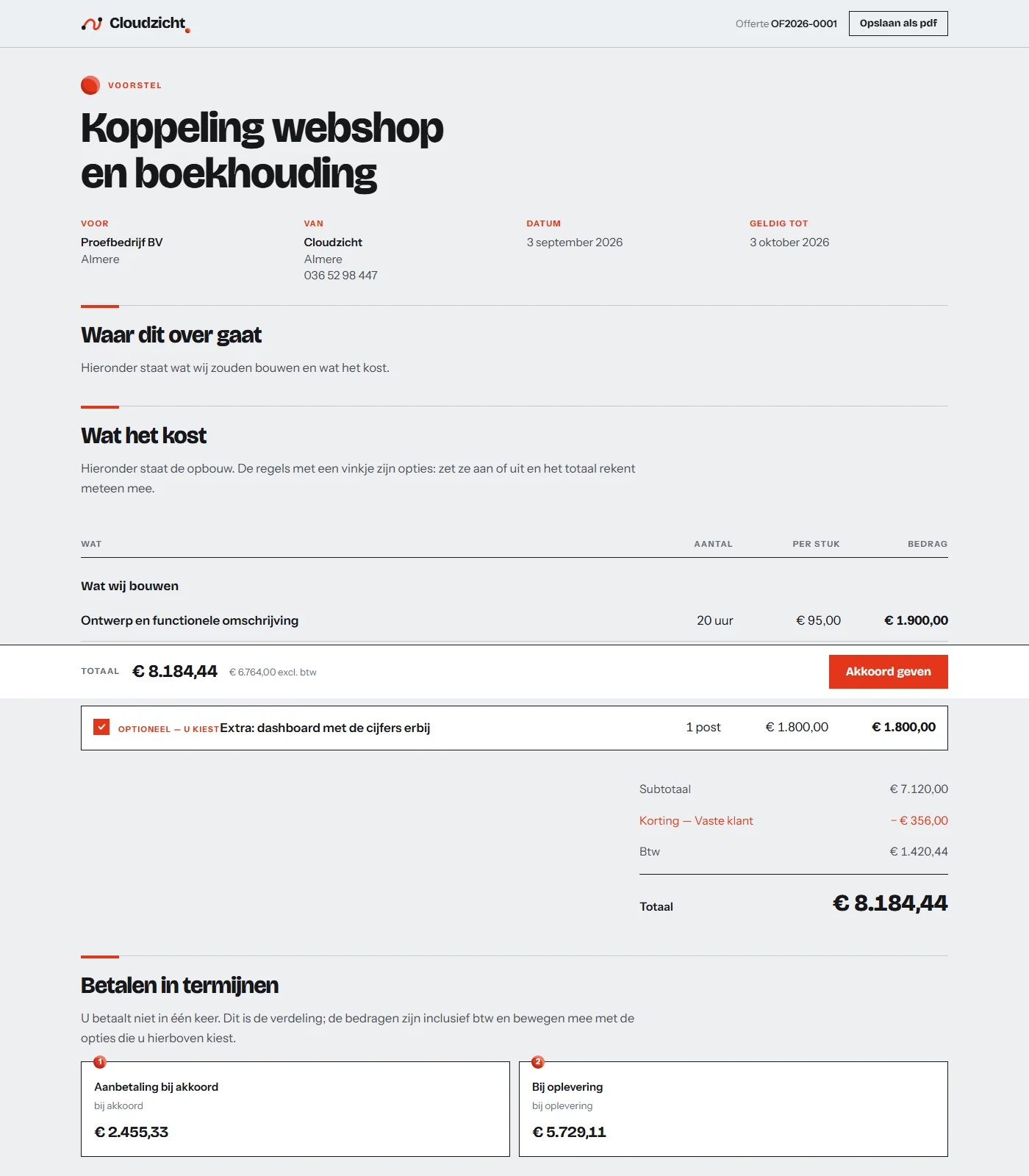 De bovenkant van een offerte uit de eigen beheeromgeving: nummer, klant, datum, geldig tot.