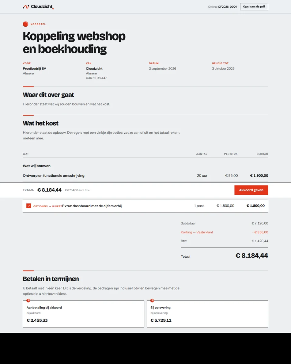 Een offerte uit de eigen beheeromgeving: kop, regels met aantal en bedrag, een optionele regel met vinkje, subtotaal, korting, btw en betalen in termijnen.