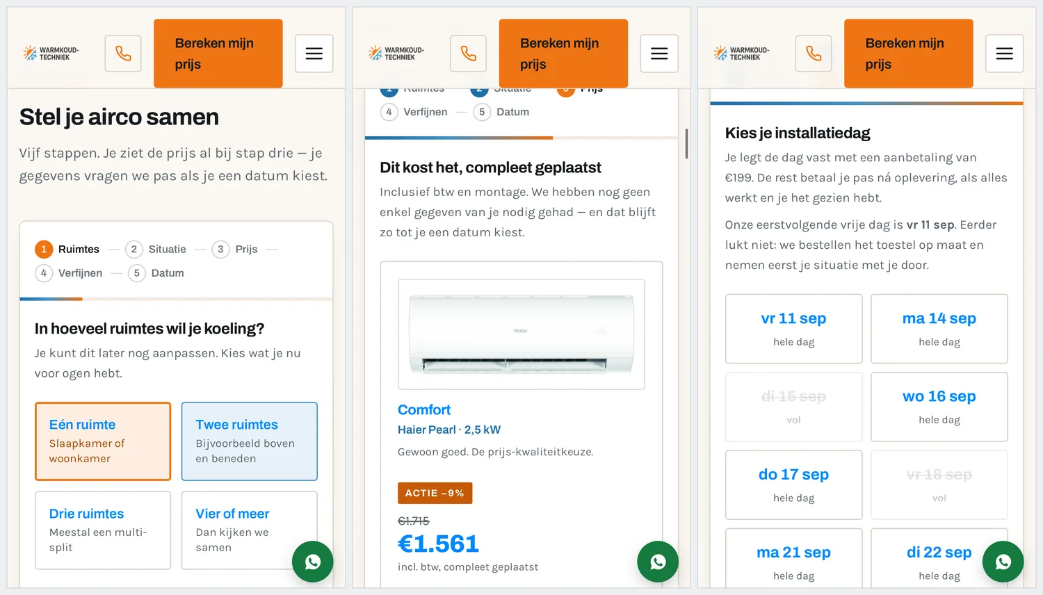 Drie telefoonschermen van een configurator: in hoeveel ruimtes, de prijs, en de installatiedag kiezen.
